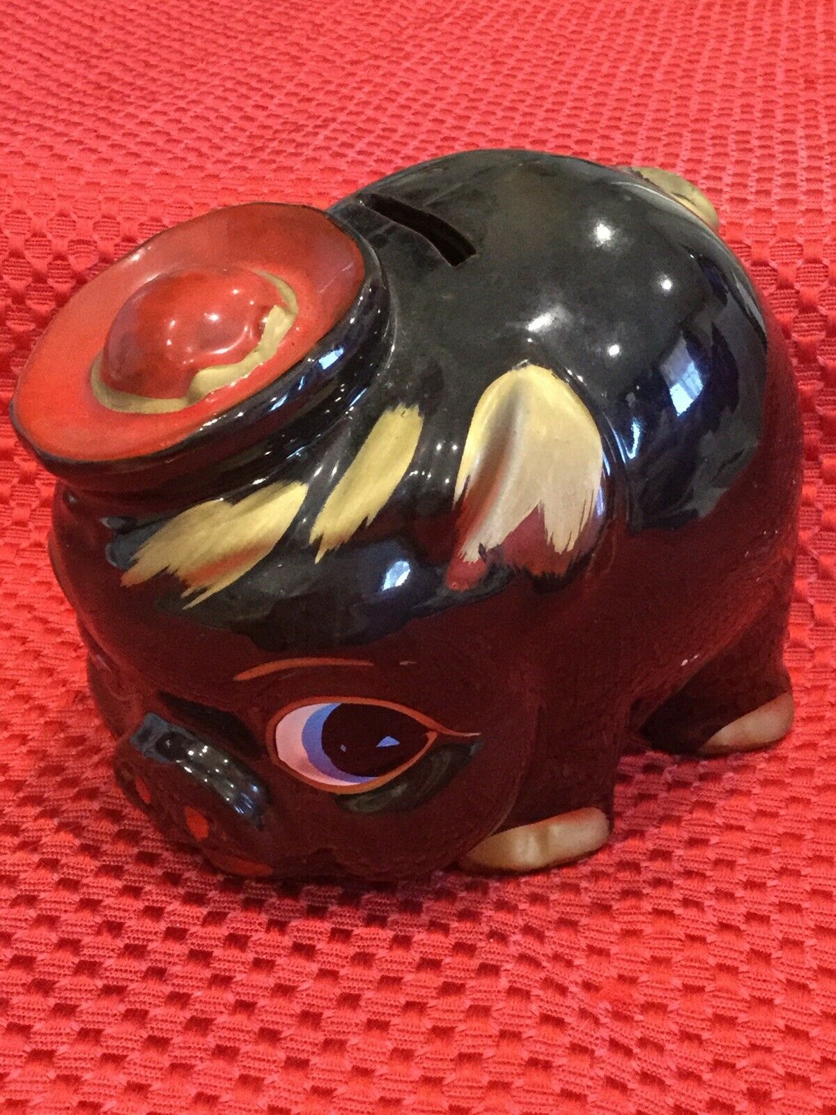 Vintage Japanese  Red Ware Pottery Pig Piggy Bank Japan Circa 1950 Save Money