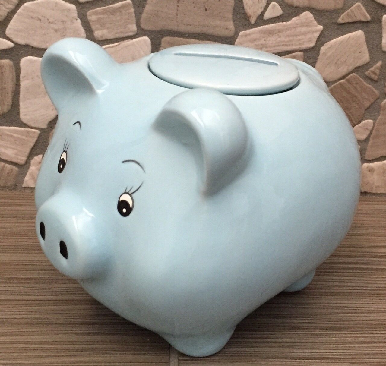 Blue Ceramic Childs Pig Piggy Bank Re Move-able Top Lid Great Quality Ceramic