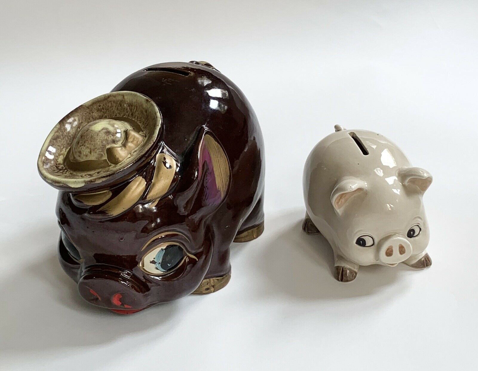Vintage Mid Century Ceramic Piggy Bank Lot of 2 Made in Japan OMC Brown White