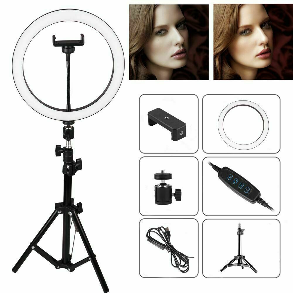 10" Led Ring Fill Light W/stand & Mount Kit For Camera Phone Selfie Video Stream