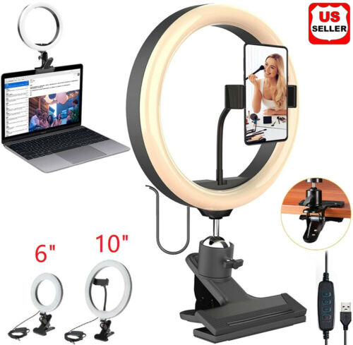 LED Ring Light Dimmable Lighting w/ Clip Clamp on Desktop Bed Table Monitor PC