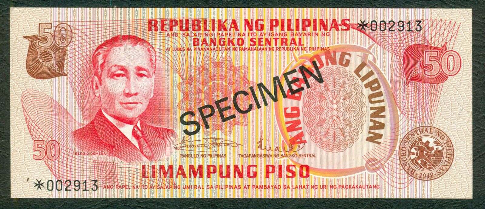 ABL 50 Pesos Marcos - Licaros SPECIMEN MALTESE CROSS Banknote