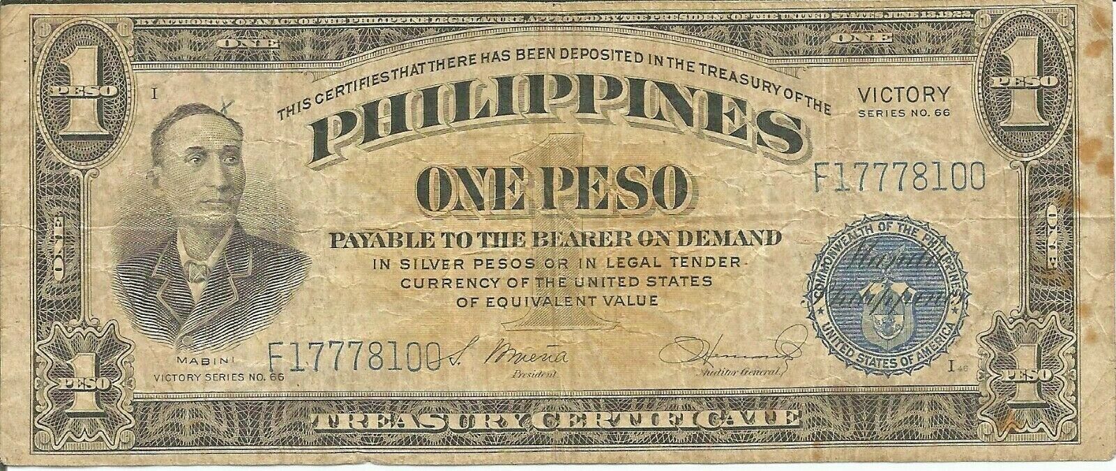 Philippines One Peso Victory Series No. 66 Banknote-ww2 # 16