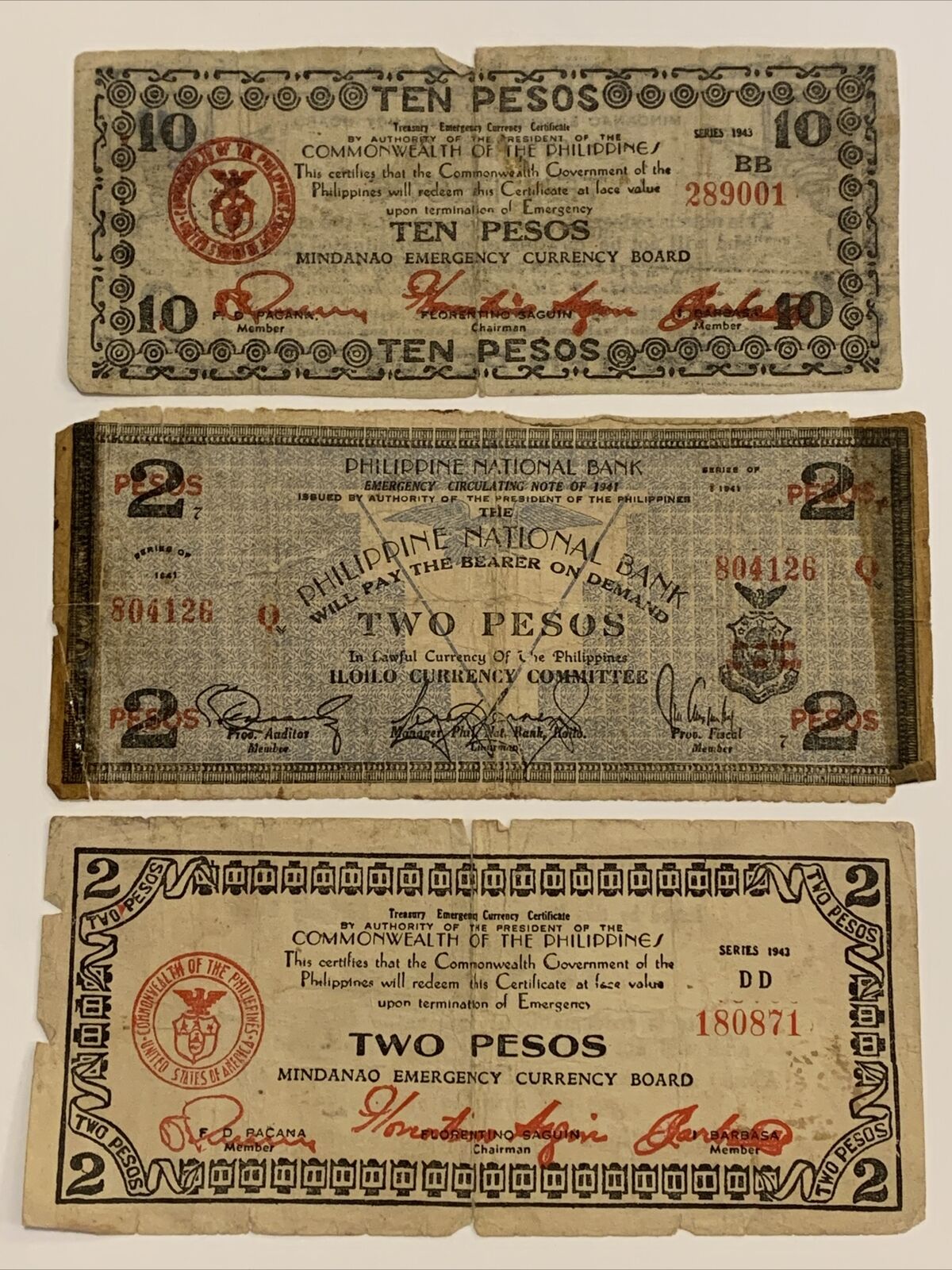 1943 2 & 10 Pesos Philippines IILOILO & MINDANAO Emergency Currency Board 3 Note