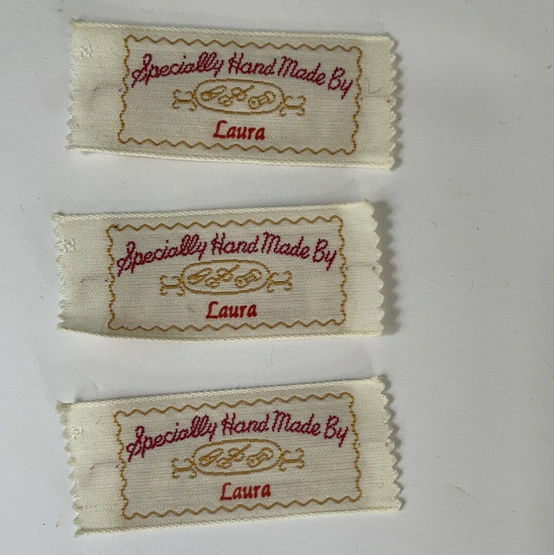 Vintage Set Of 3 Cloth Tags “specially Hand Made By Laura” 2” L X 1” H