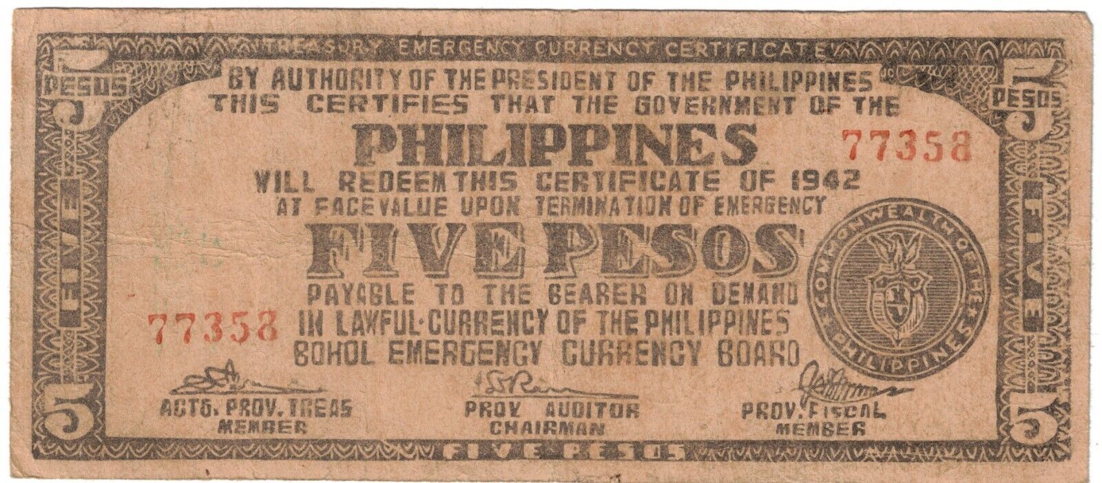 1942 Philippines Bohol Islands Emergency Currency 5 Peso - Death to Own 358