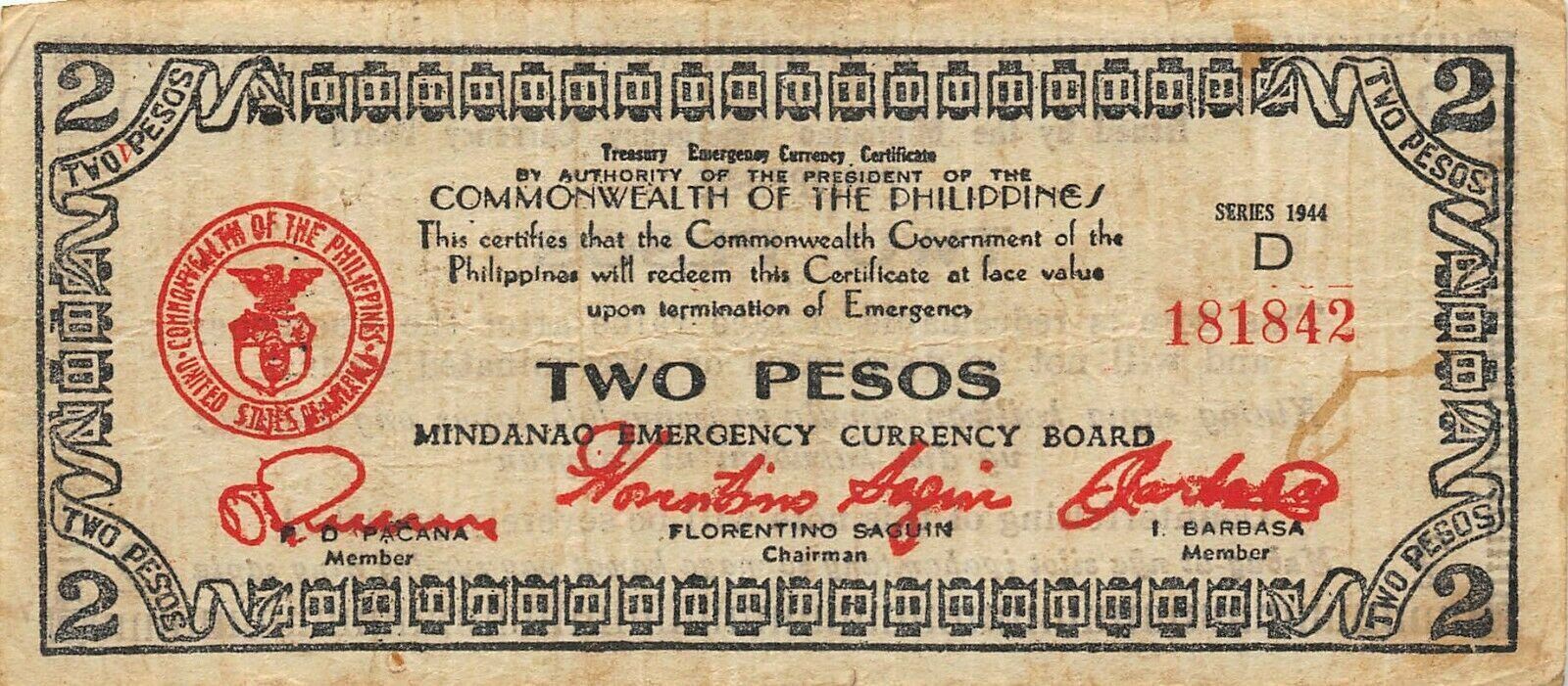 Philippines  2  Pesos  Series of 1944  Series D WWII Issue Circulated Banknote
