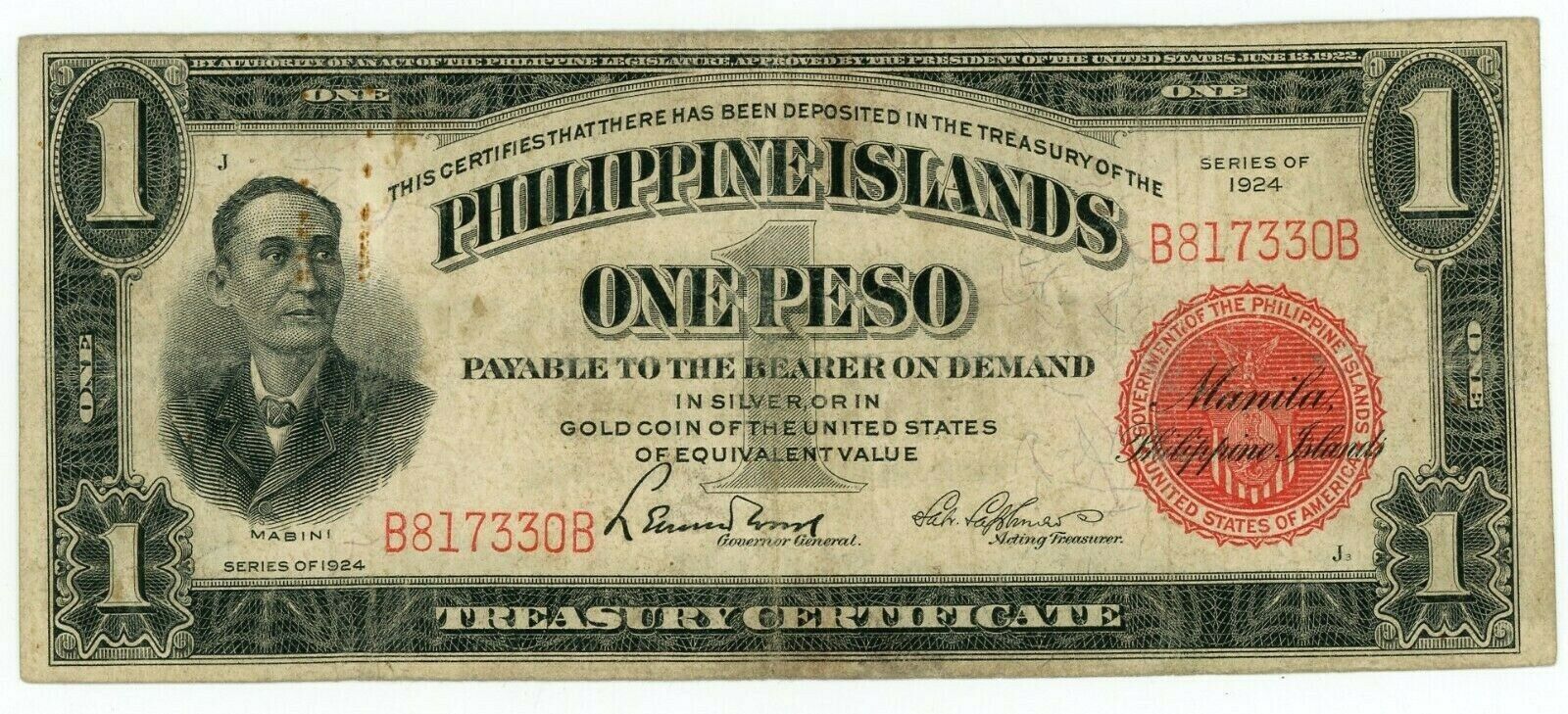 Philippines ... P-68a ... 1 Peso ... 1924 ... *f-vf* ... 6 Digits Serial #