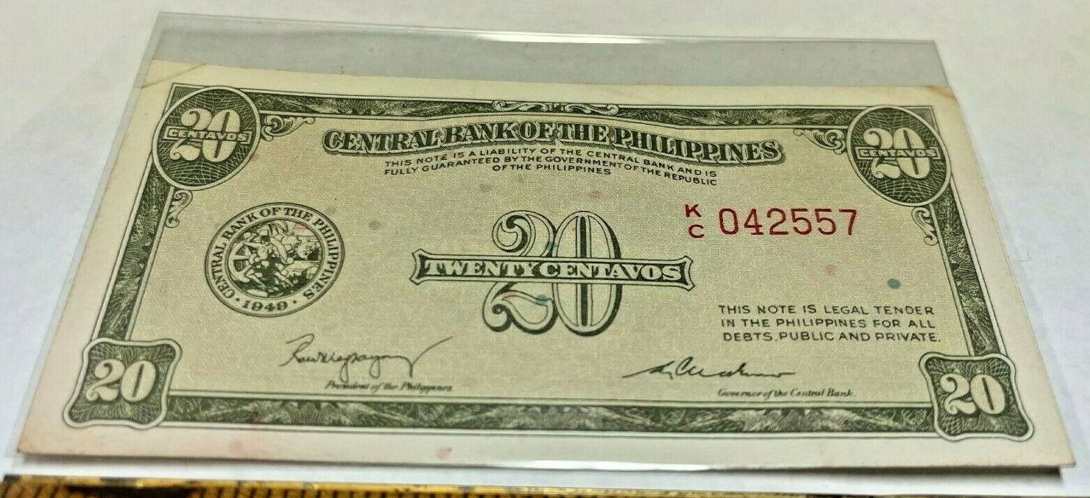++ 1949 Philippines Banknote 20 Centavos Paper Money Fractional Currency  ++