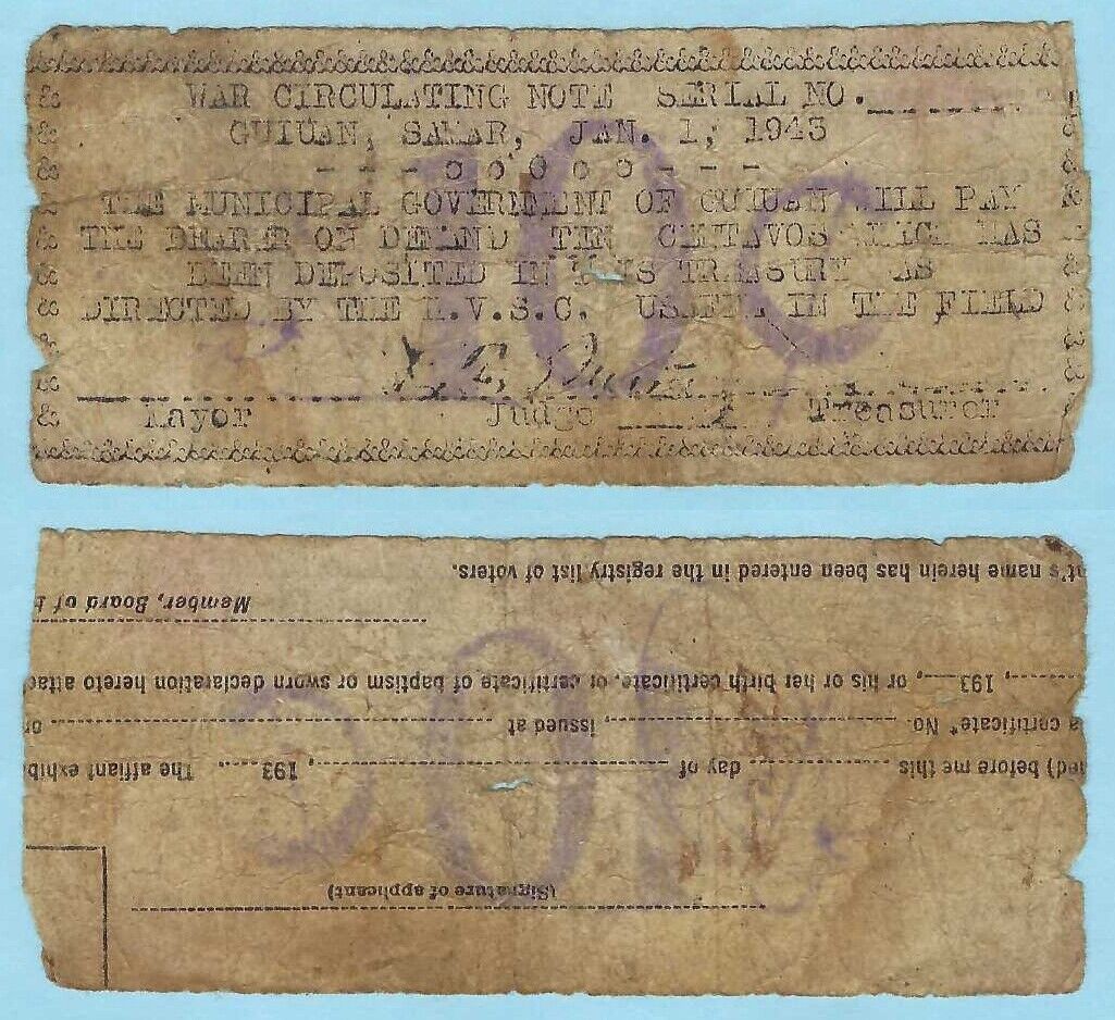 1943 Philippines ~ Guiuan Samar 10 Centavos ~ Wwii Emergency Currency ~ Smr-352