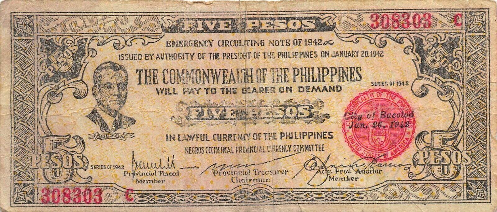 Philippines / Bacolod 5 Pesos 1.26.1942 Series C  WWII Issue Circulated Banknote